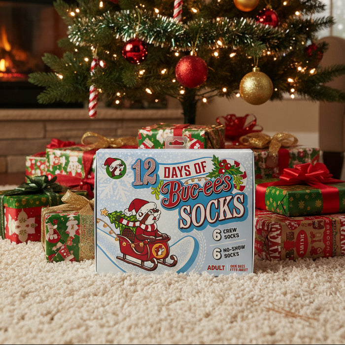 Box of Buc-ee’s 12 Days of Socks featuring holiday-themed packaging with Buc-ee’s beaver mascot and text indicating six no-show socks and six crew socks.