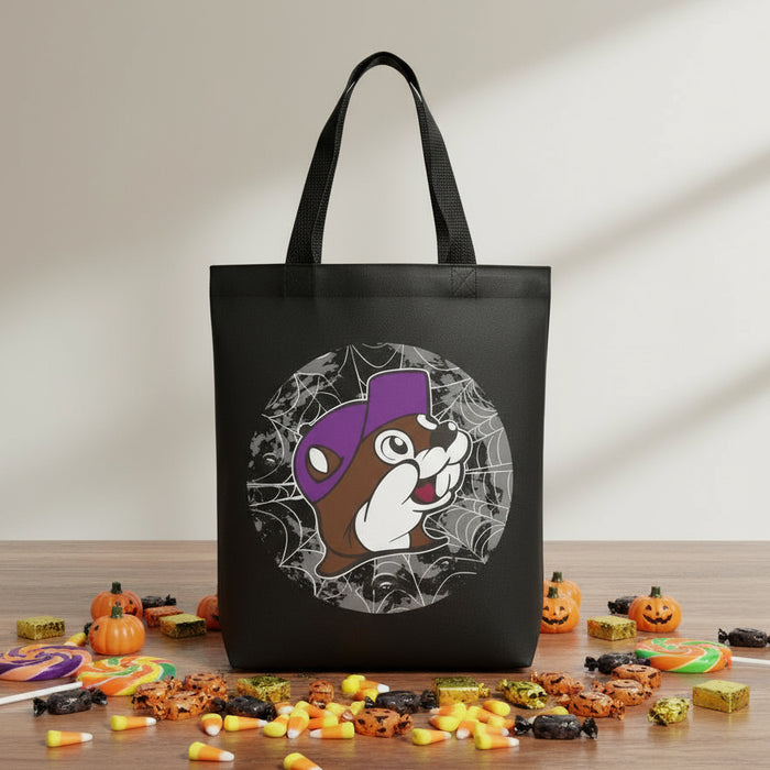 Buc-ee's 2025 Halloween Tote with the Spiderweb on the back with the logo.
