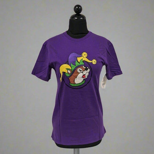 Buc-ee's purple 2025 Mardi Gras shirt with the Buc-ee's logo on the front with a fun hat.