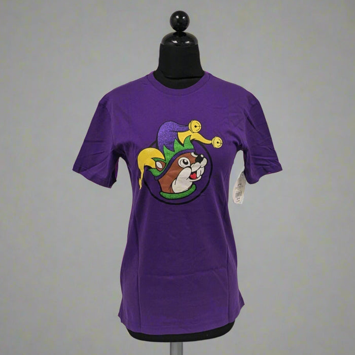 Buc-ee's purple 2025 Mardi Gras shirt with the Buc-ee's logo on the front with a fun hat.