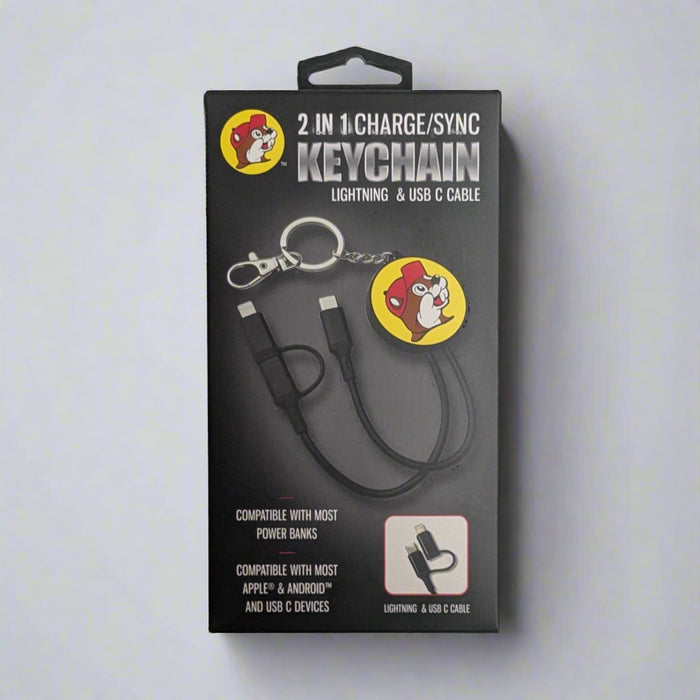 Buc-ee's 2 in 1 Charge/Sync Keychain. It can charge with different size ports with a USB plug in.