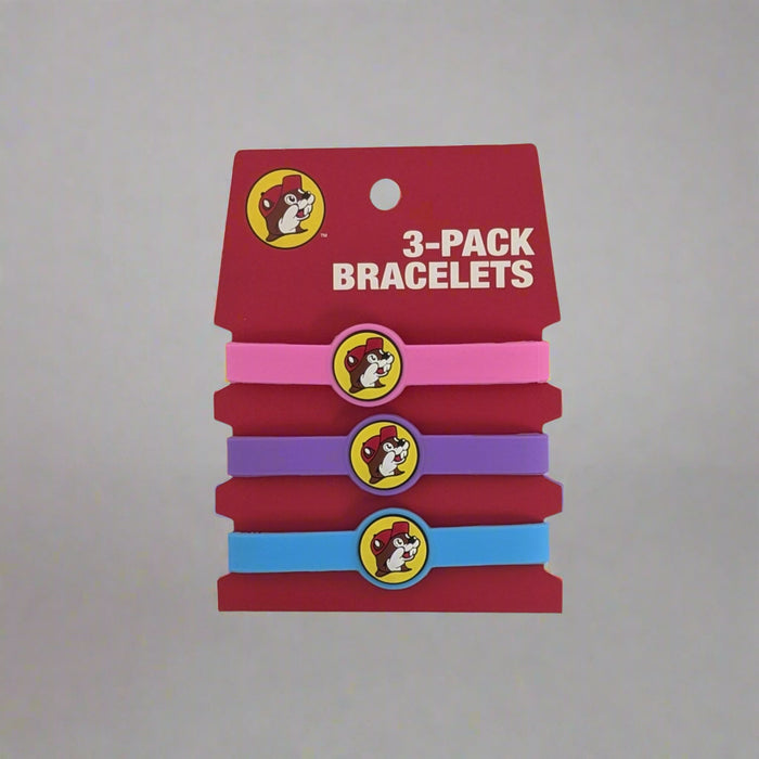 Buc-ee's 3-Pack Bracelets Pink, purple, and blue.