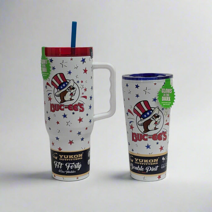 Buc-ee's 4th of July Tumblers. 40oz and 32oz. White with red and blue stars and stripes with Buc-ee's Logo.