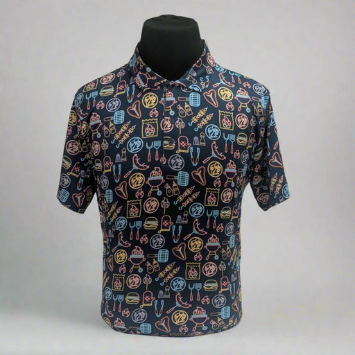 Buc-ee's BBQ Golf Polo. With a grill, food, Buc-ee all over in brighter descign on a navy blue shirt.