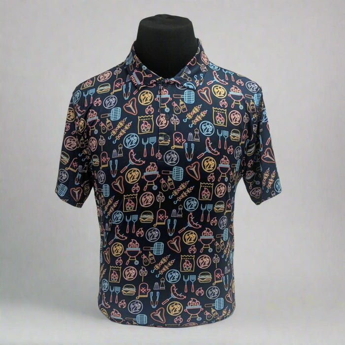 Buc-ee's BBQ Golf Polo. With a grill, food, Buc-ee all over in brighter descign on a navy blue shirt.