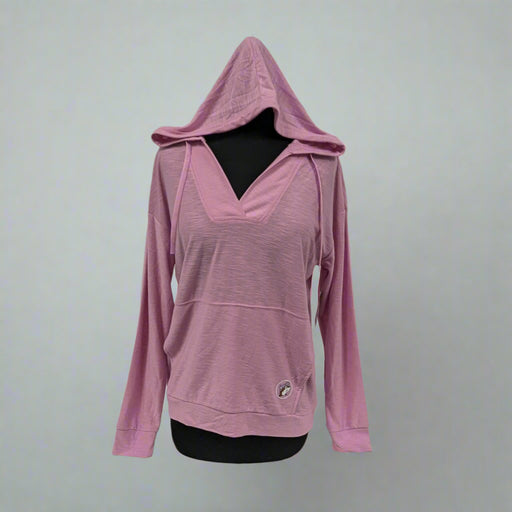 Buc-ee's pink baja slub hoodie with a pocket and hood. Very lightwight.
