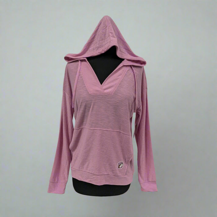 Buc-ee's pink baja slub hoodie with a pocket and hood. Very lightwight.