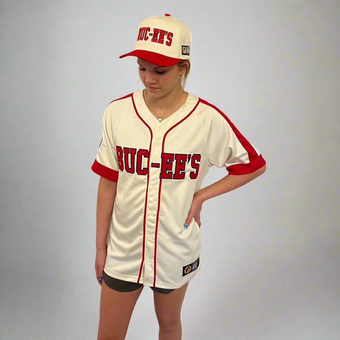 Buc-ee's Baseball Jersey. Cream color with red font.