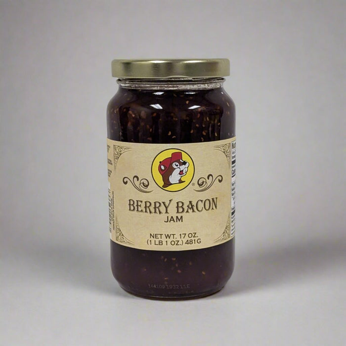 A 17 oz. jar of Berry Bacon Jam with a golden lid, featuring a rustic label and a rich, dark blend of smoky bacon and sweet berries visible through the jar.