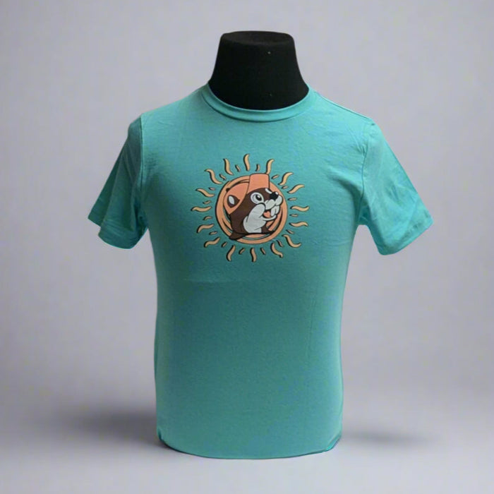 Buc-ee's Best Days Shirt. Teal color with a Buc-ee's logo sun on the front. With the back saying "The Best Day are Buc-ee's Days"