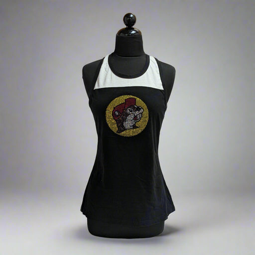 Buc-ee's Bling Logo Tank Top. The Buc-ee's logo is made of rhinestone bling and it's a black with white top on the tank shoulder area.