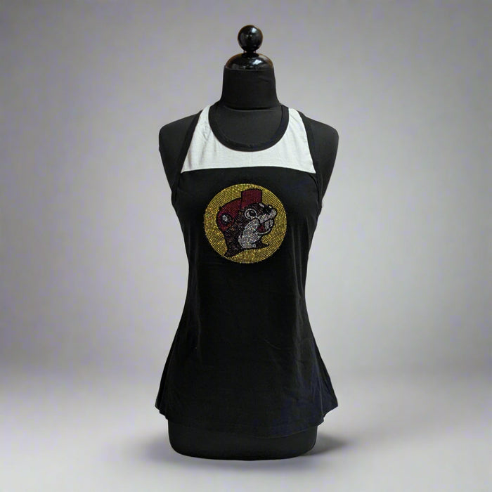 Buc-ee's Bling Logo Tank Top. The Buc-ee's logo is made of rhinestone bling and it's a black with white top on the tank shoulder area.