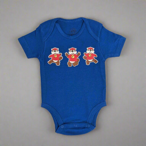 Buc-ee's Blue Beaver Onesie. 3 Buc-ee's Beavers on the front.