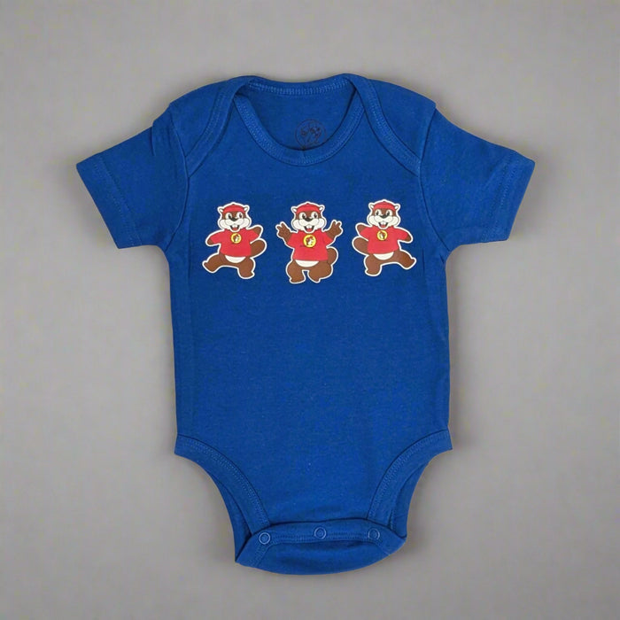 Buc-ee's Blue Beaver Onesie. 3 Buc-ee's Beavers on the front.