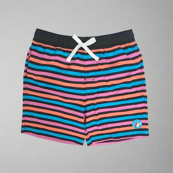 Buc-ee's Boys Striped Swimsuit. Pink, orange, and blue stripes.