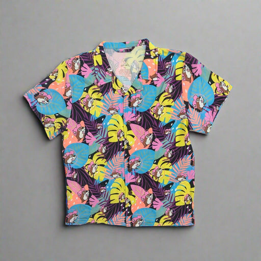 Buc-ee's Boys Tropcial Camper Shirt with palm tree colors of purple, pink, yellow and blue with logos all over.