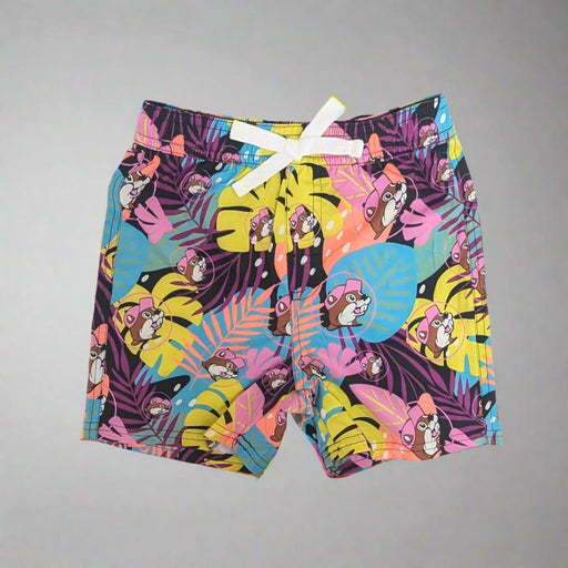 Buc-ee's Mens/Boys Tropical Swimsuit. Purple, pink, yellow palm leaes with Buc-ee.