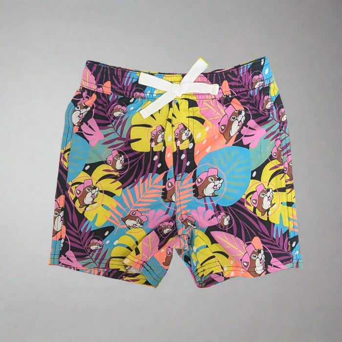 Buc-ee's Mens/Boys Tropical Swimsuit. Purple, pink, yellow palm leaes with Buc-ee.