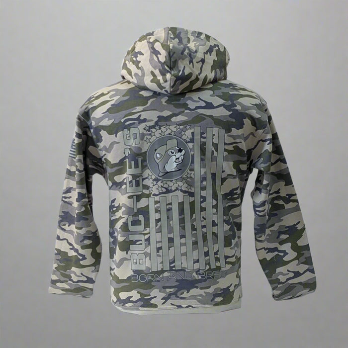 Back view of Buc-ee’s camo hoodie with American flag and “Born for the Road” beaver graphic