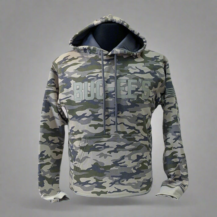 Front view of Buc-ee’s brown camo hoodie with bold logo on chest, shown on mannequin