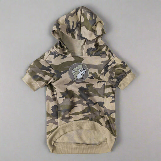 Front view of camo Buc-ee’s dog hoodie showing hood and small Buc-ee’s logo near neckline.