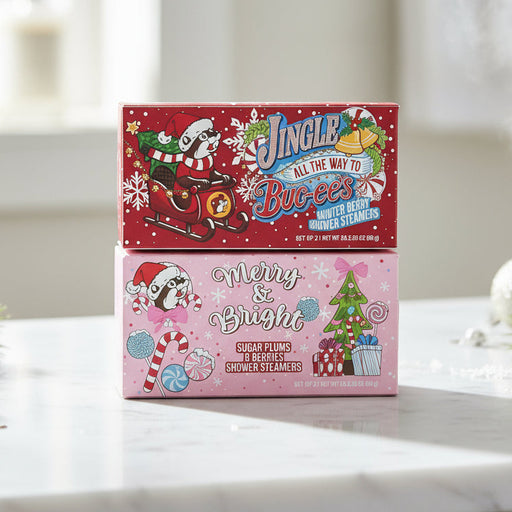 Turn your shower into a festive winter wonderland with these Buc-ee’s Christmas Shower Steamers! Each box includes a holiday-themed scent that fills your bathroom with Christmas cheer — whether you’re starting your day merry and bright or winding down after decking the halls.
The pink “Merry & Bright” steamer brings sweet and cheerful candy-inspired vibes, while the red “Jingle All the Way” steamer offers cozy, warm holiday notes perfect for the season. Drop one in the shower, let the steam rise, and enjoy