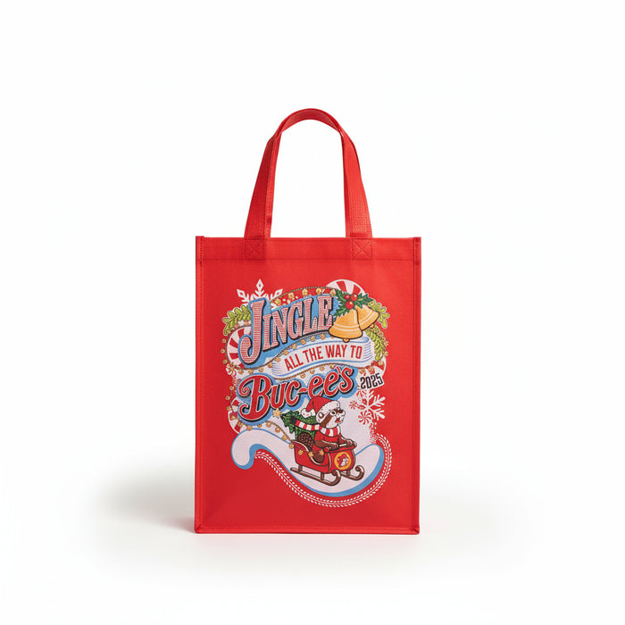 Buc-ee's Christmas Tote has the "Jingle All the Way to Buc-ee's" theme on the front.