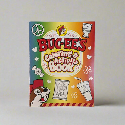 Front cover of the Buc-ee’s Coloring & Activity Book featuring colorful rainbow background, Buc-ee’s mascot, Beaver Nuggets, drink cup, and peace sign.