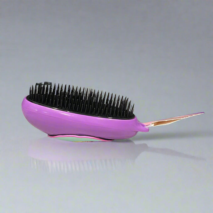 Buc-ee’s detangler brushes in two colors: one black with Buc-ee in a red cap, and one purple with Buc-ee surrounded by pink hearts, shown from front and back views.