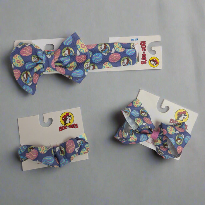 Buc-ee's Easter Egg Hair Accessories. Styles include a headband, scrunchie, and hair bow.
