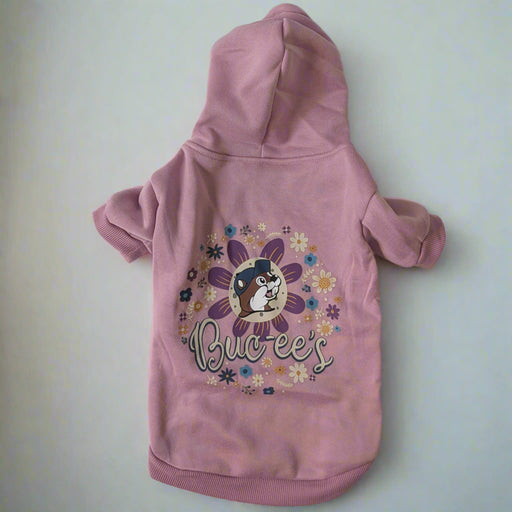 Back view of pink Buc-ee’s dog hoodie showing the hood and big Buc-ee’s flower logo near the neckline.