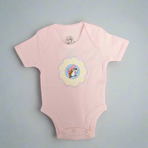 Buc-ee's Flower Onsie. Light pink onsie with a Buc-ee logo in a flower.