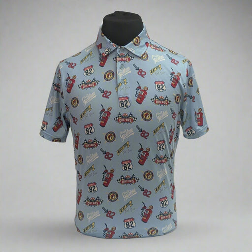 Buc-ee's Gas Station Golf Polo. Light blue with a red gas pump, 82 on it, buc-ee's logo.