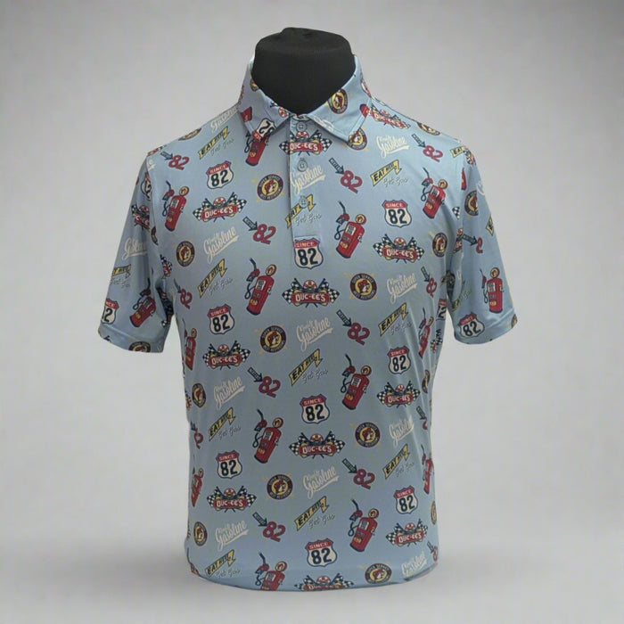 Buc-ee's Gas Station Golf Polo. Light blue with a red gas pump, 82 on it, buc-ee's logo.