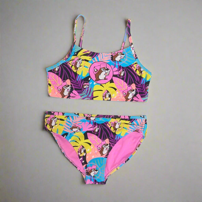 Buc-ee's Girls' Tropical Swim Suit Set with Buc-ee's logo and colorful leaves.