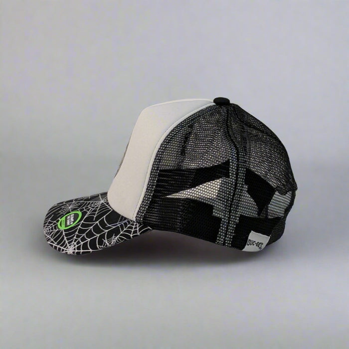 Side view showing black mesh back and adjustable snapback on Buc-ee’s hat