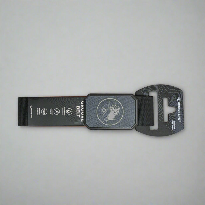 Buc-ee's Groove Belt. Has a Buc-ee's logo belt buckle with a nice black sleek look belt material.