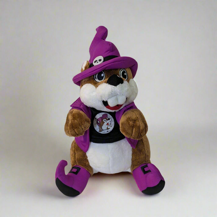 Buc-ee's Halloween Plush. He has purple witch shoes and hat with the black spiderweb theme shirt on.