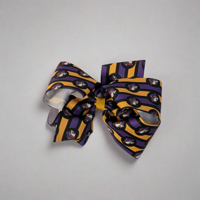 Buc-ee's Halloween Striped Hair Bow. Purple and Orange stripes.