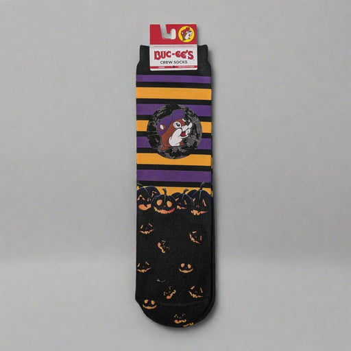 Buc-ee's Halloween Striped Socks. Crew length