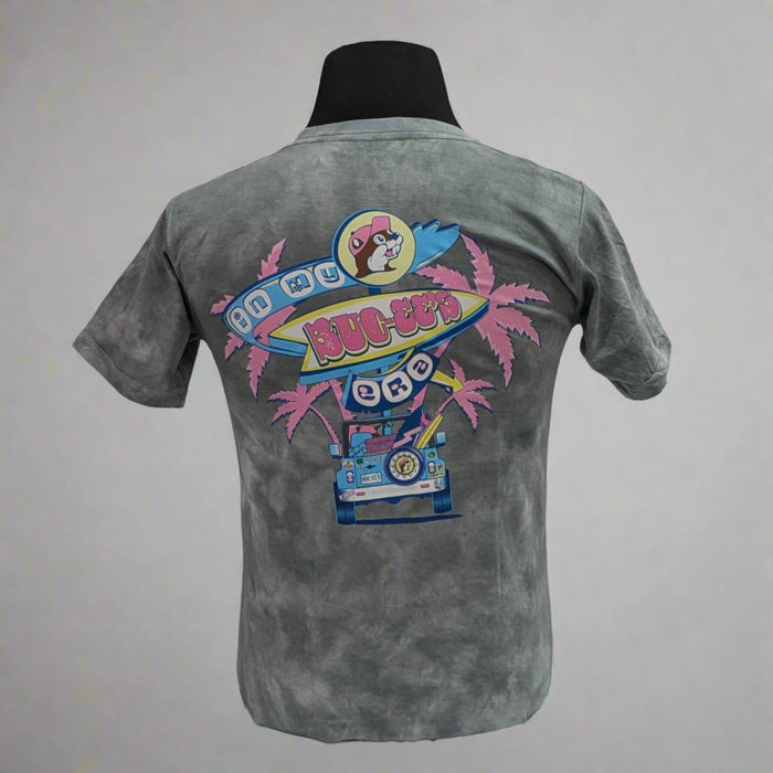 Buc-ee's "In My Era" Shirt. Gray tye die with pink palm trees and "Buc-ee's in My Era" on the back with the truck bed.