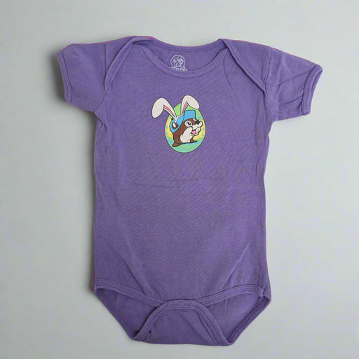 Buc-ee's Infant Easter Shirt purple with a easter bunny Buc-ee on the front.