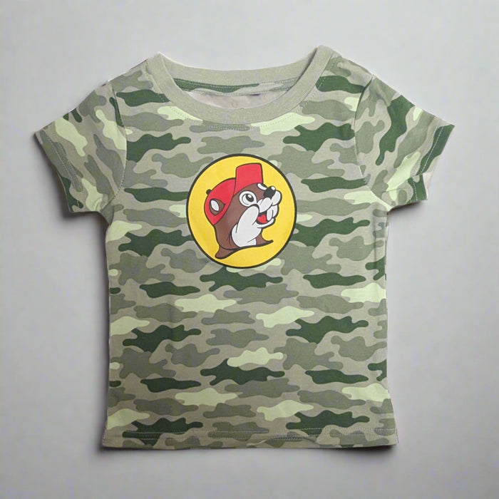 Buc-ee's Toddler Logo Camo Shirt. Camo shirt with logo on the front.
