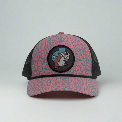 Buc-ee's Leopard Love Trucker Hat. The pink and blue leopard print with the Buc-ee's logo on the front.