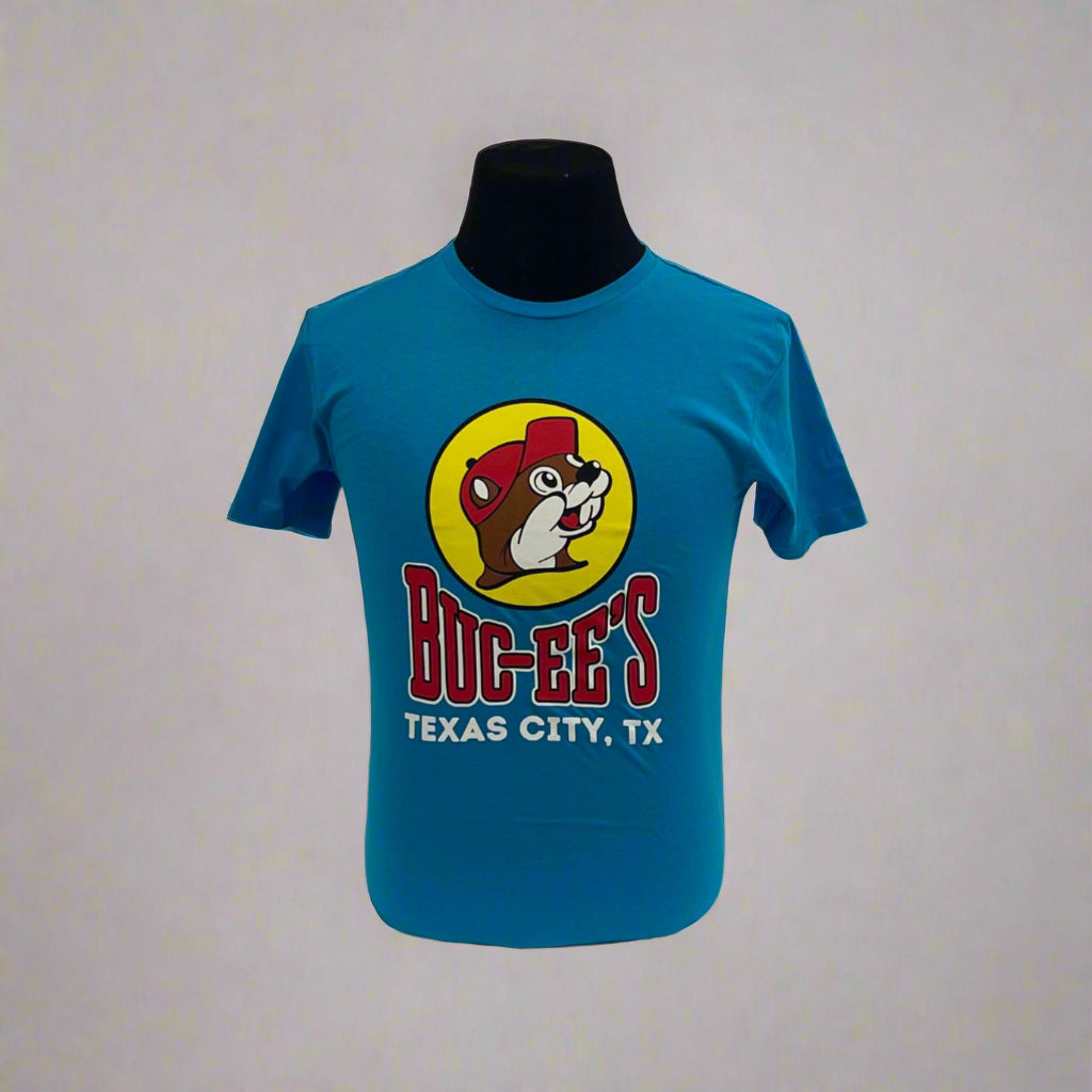 Buc-ee's blue location shirt with Texas City, TX on it with the logo.