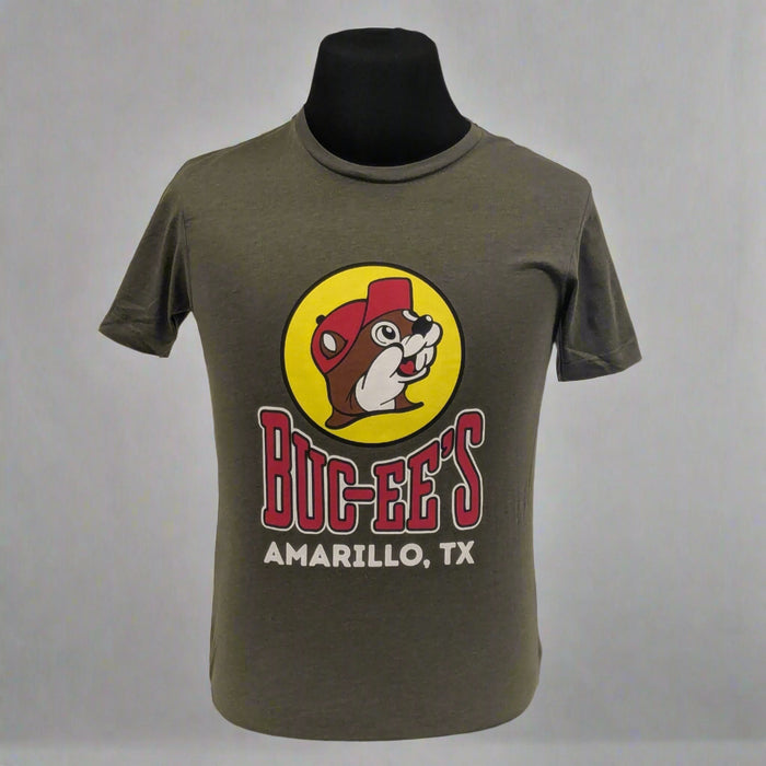 Buc-ee's location shirt for Amarillo, TX. Olive green color with the Buc-ee's logo and the city name on the front.