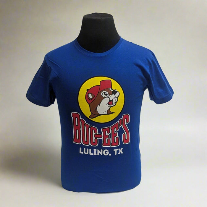 Buc-ee's Location Shirt - Luling, TX. Royal blue with the Bc-ee's logo and the town name on the front.