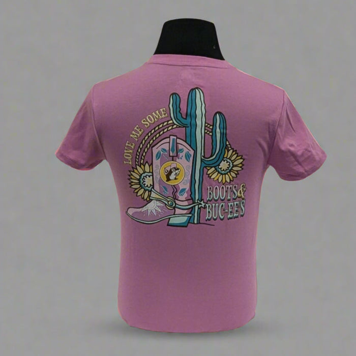 Buc-ee's "Love Me Some Boots & Buc-ee's" Shirt Back. Cacts with a boot and flowers around. Buc-ee's beaver logo on boot.