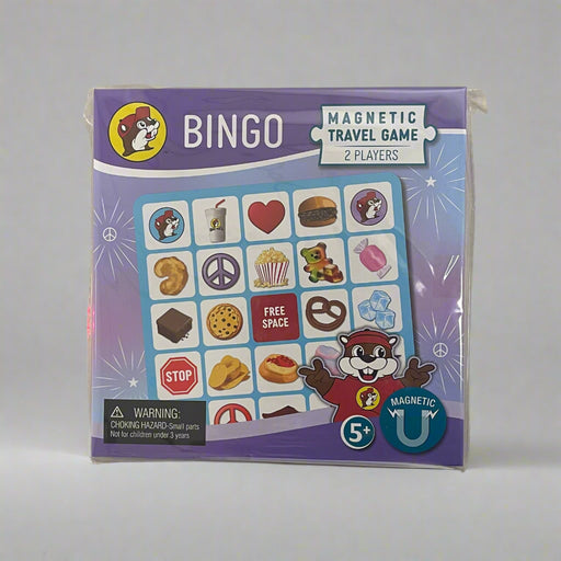 Keep kids entertained on the road with the Buc-ee’s Magnetic Travel Bingo Game! A 2-player game with magnetic pieces and fun Buc-ee’s icons—perfect for ages 5 and up.