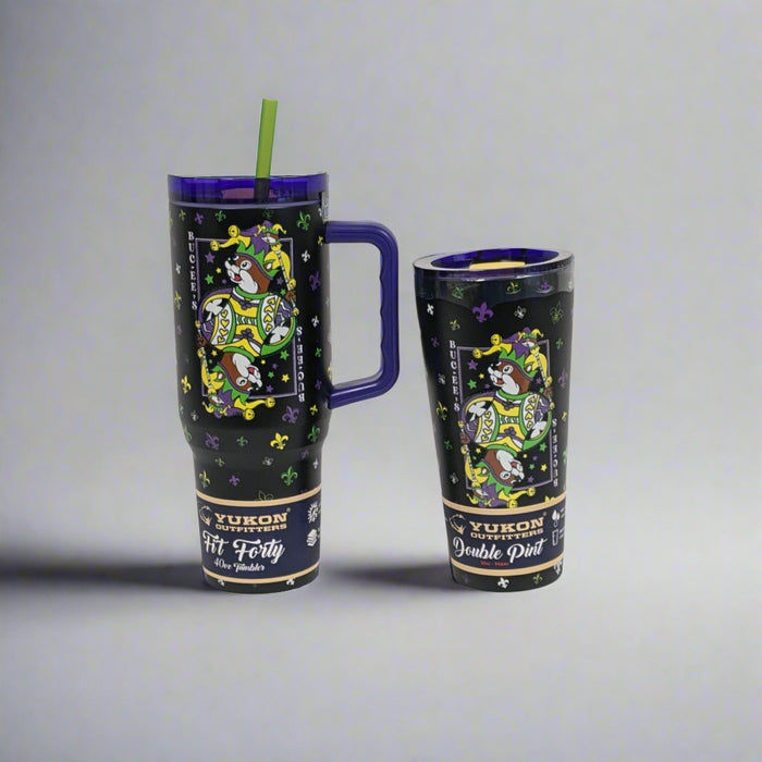 Buc-ee's Mardi Gras 2025 Tumblers are black with purple design with a mardi Buc-ee on the front.